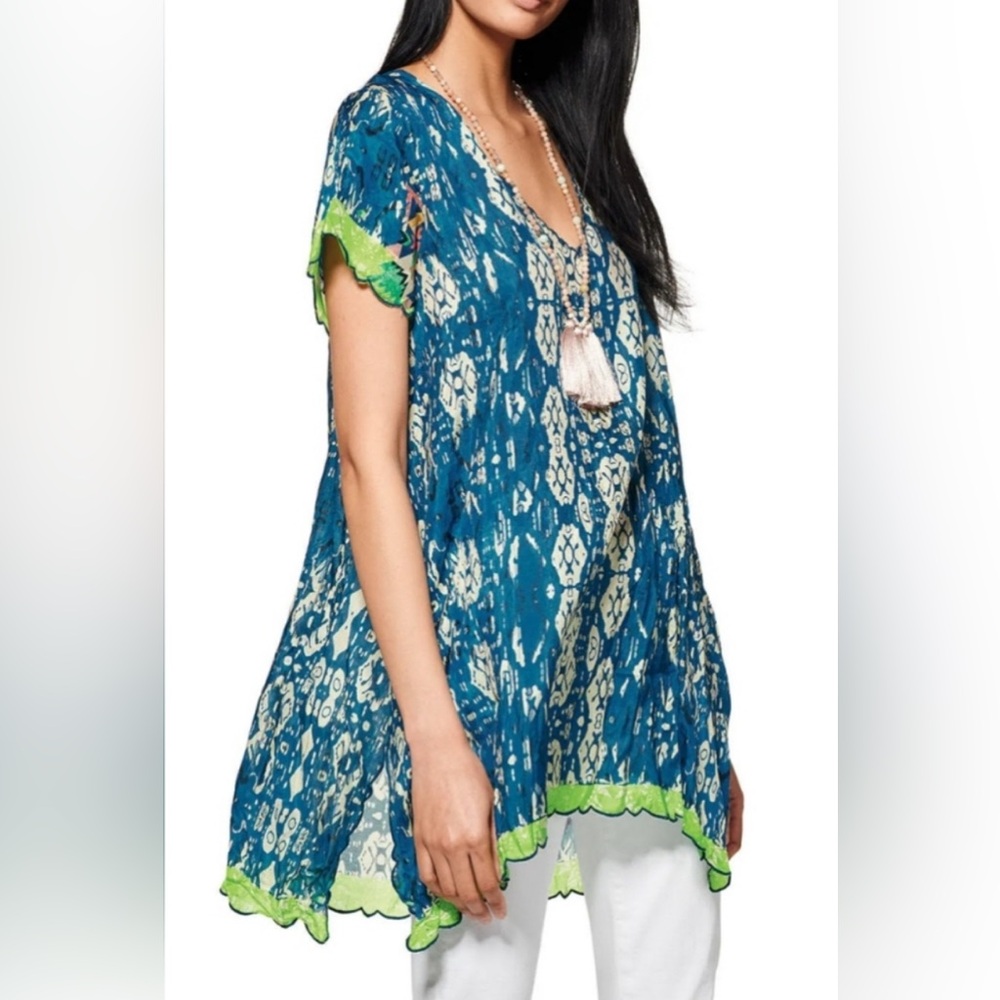 Johnny Was Teal Blue Ikat Tunic with Lime Trim